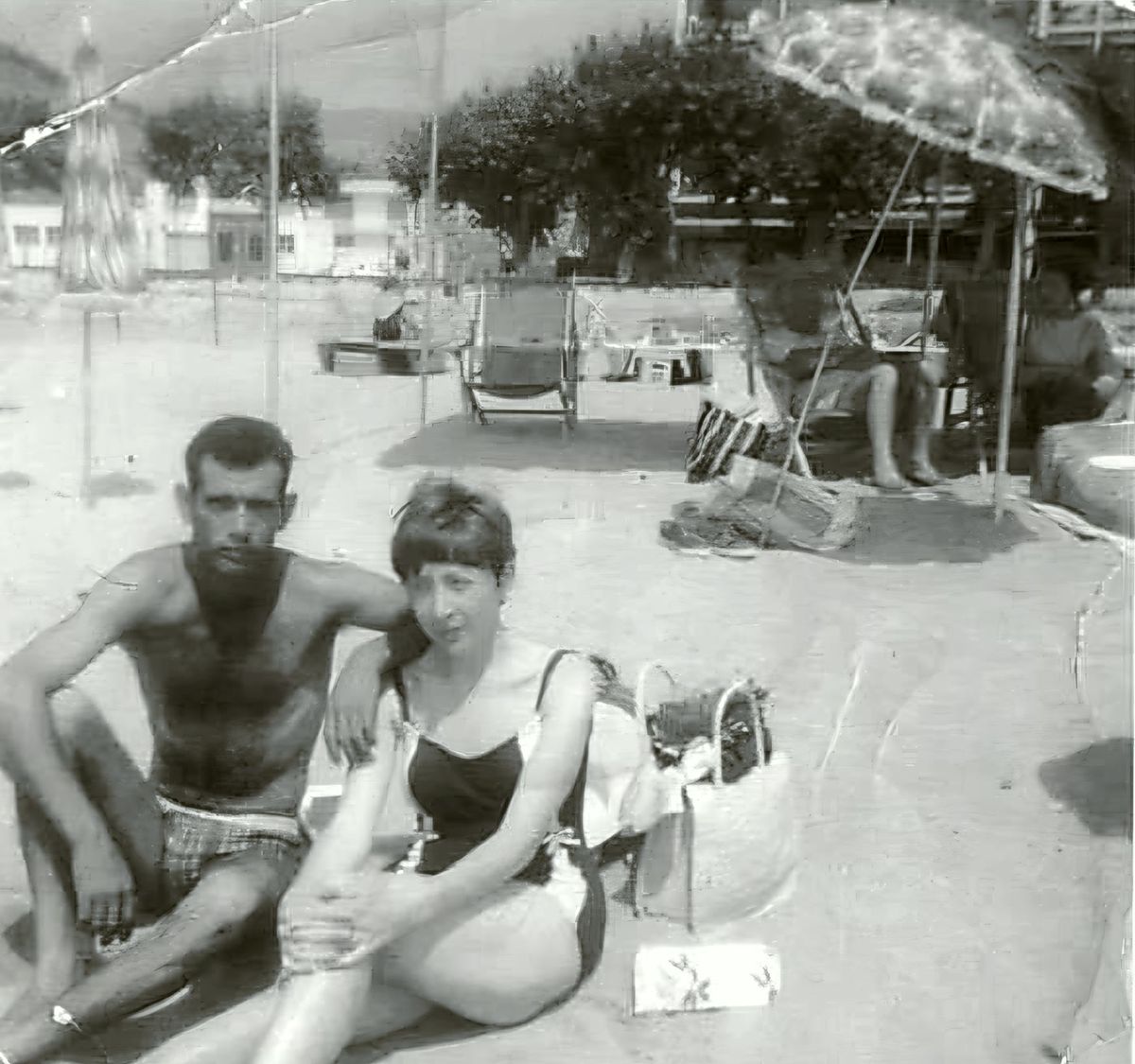 Mary Gonzalez and her husband on a beach in Spain, 1970